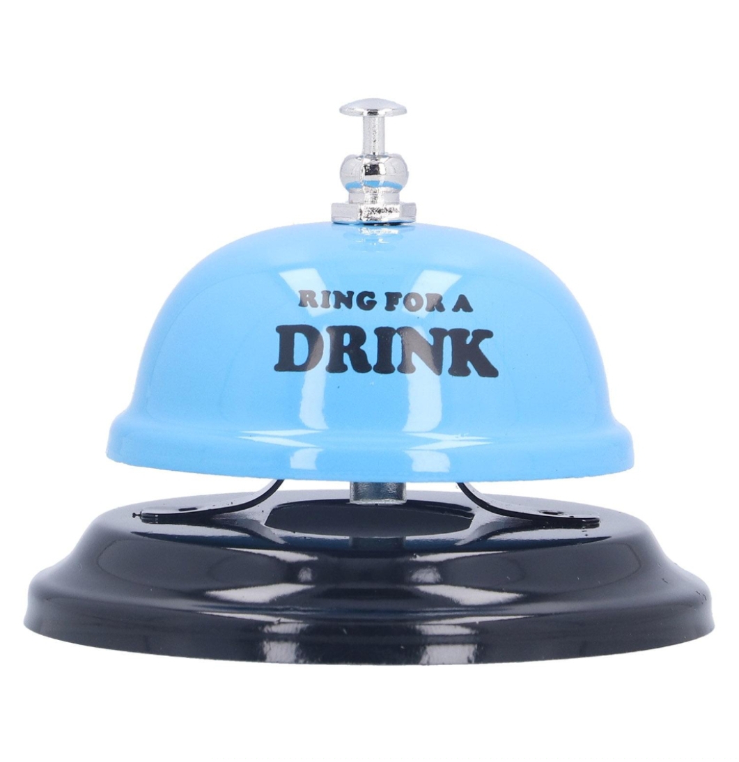زنگ رومیزی آبی مدل Ring for a Drink با پایه مشکی و دکمه فلزی براق