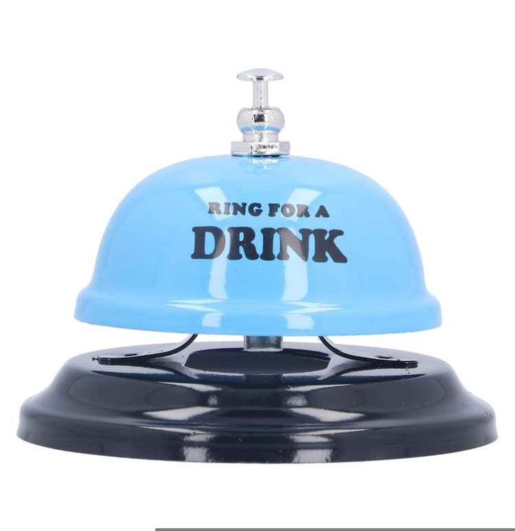 زنگ رومیزی آبی مدل Ring for a Drink با پایه مشکی و دکمه فلزی براق